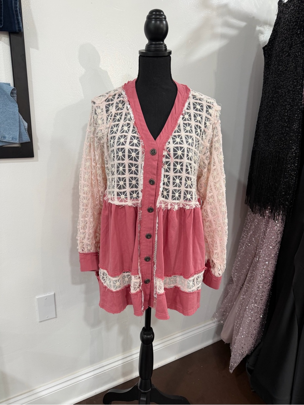 Women's Pink crochet button down Shacket
